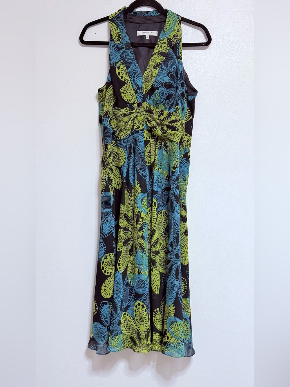 EVAN-PICONE Black Maxi Dress with Blue & Lime Floral Print Sz 10